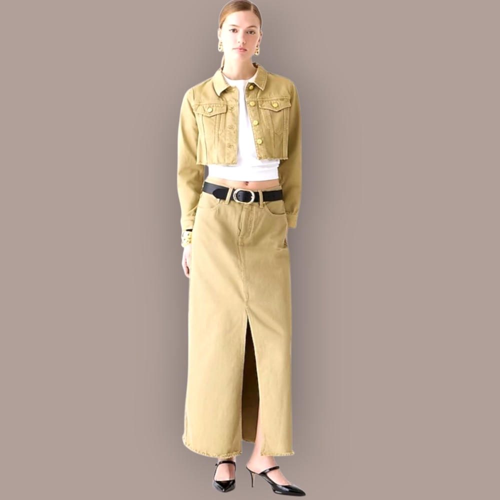 Classic Denim Maxi Skirt In Khaki